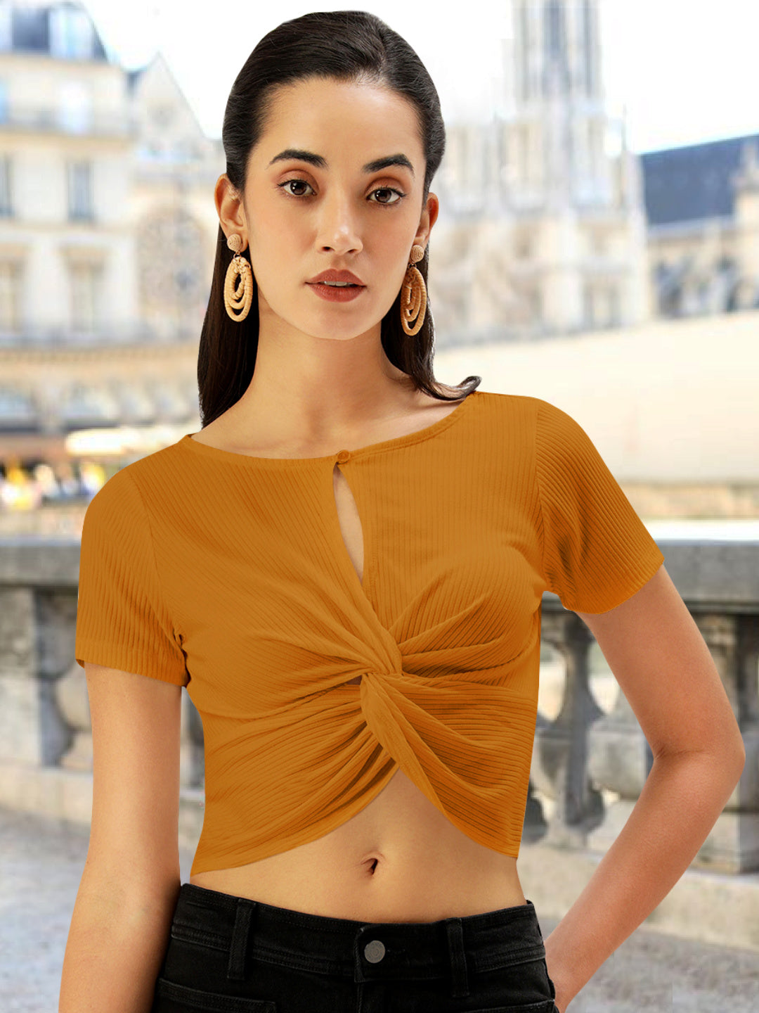 Women Mustard Rib Twisted Top