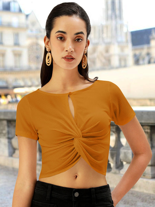 Women Mustard Rib Twisted Top