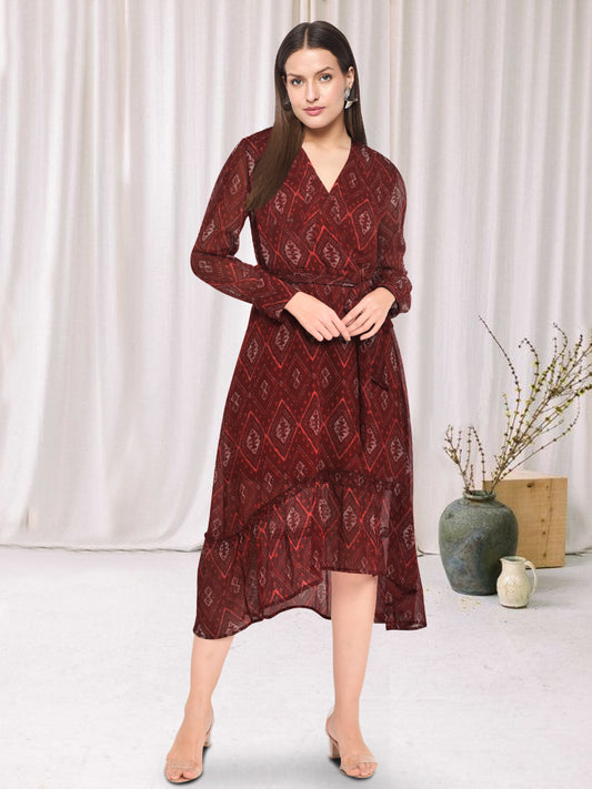 Women Red Printed Georgette Dress