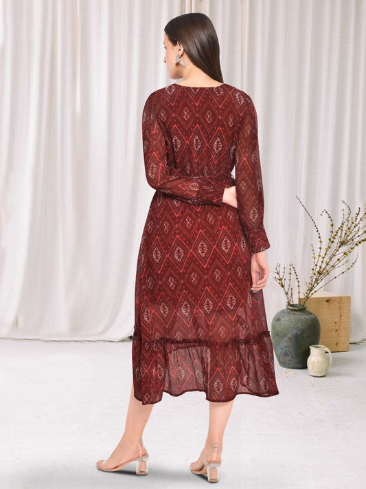 Women Red Printed Georgette Dress
