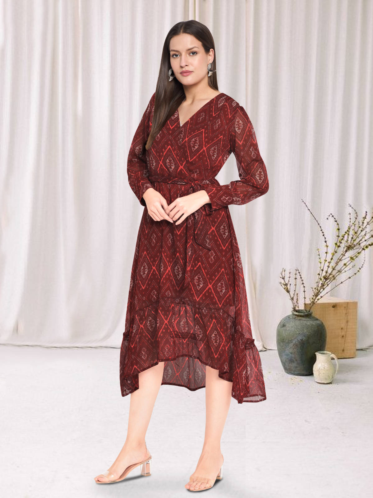 Women Red Printed Georgette Dress