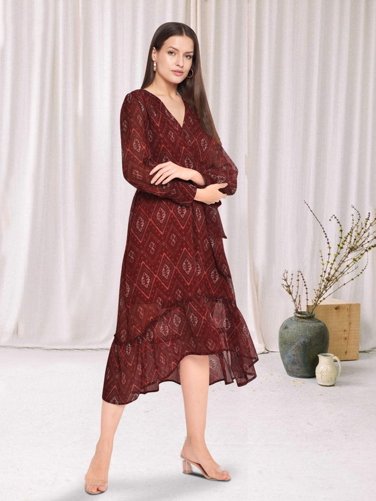 Women Red Printed Georgette Dress