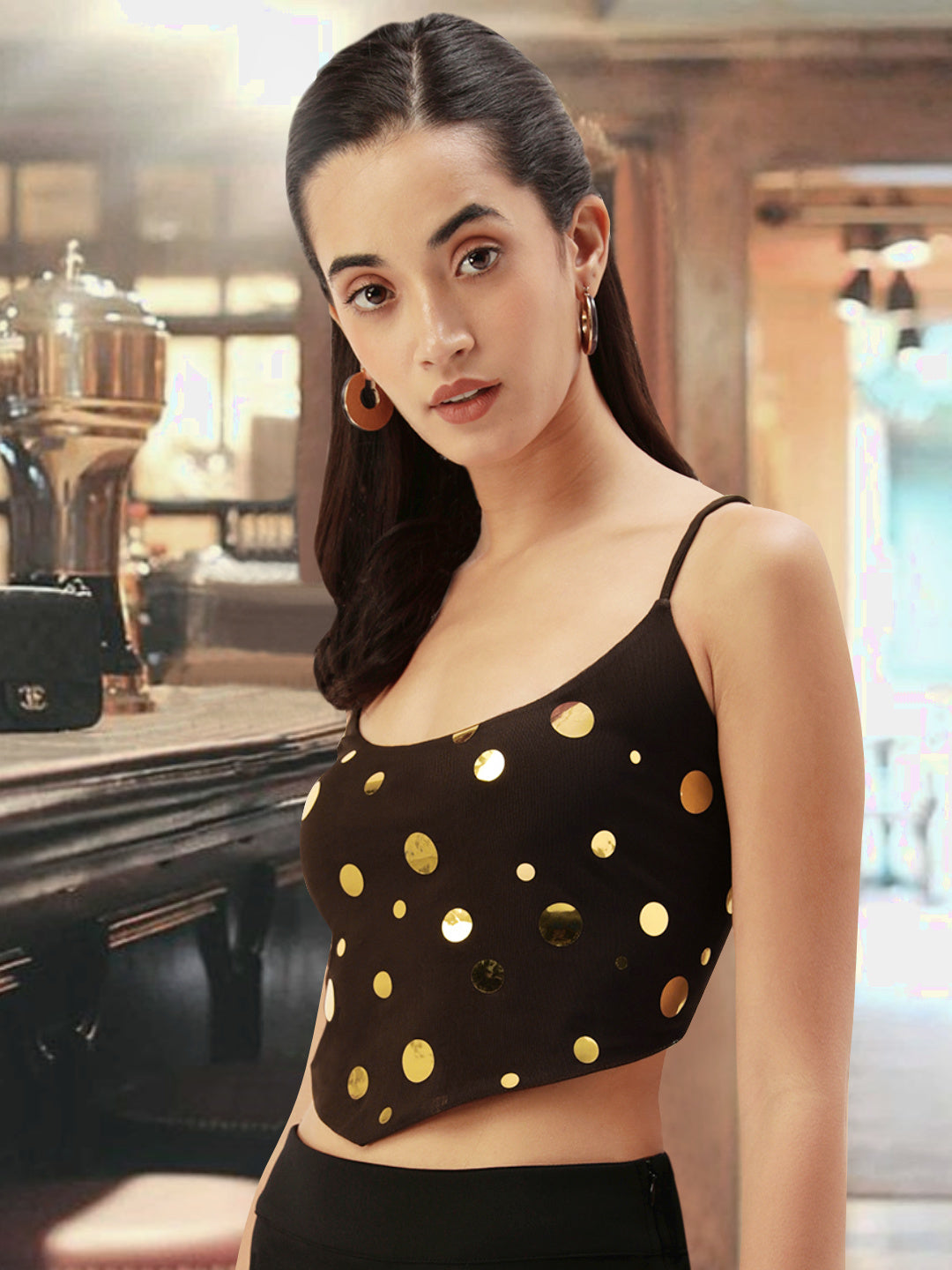 Women Brown Embellished Bare Back Top