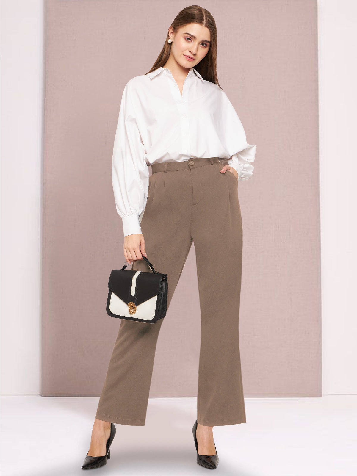 Women Beige Wide Leg Stretch Trouser