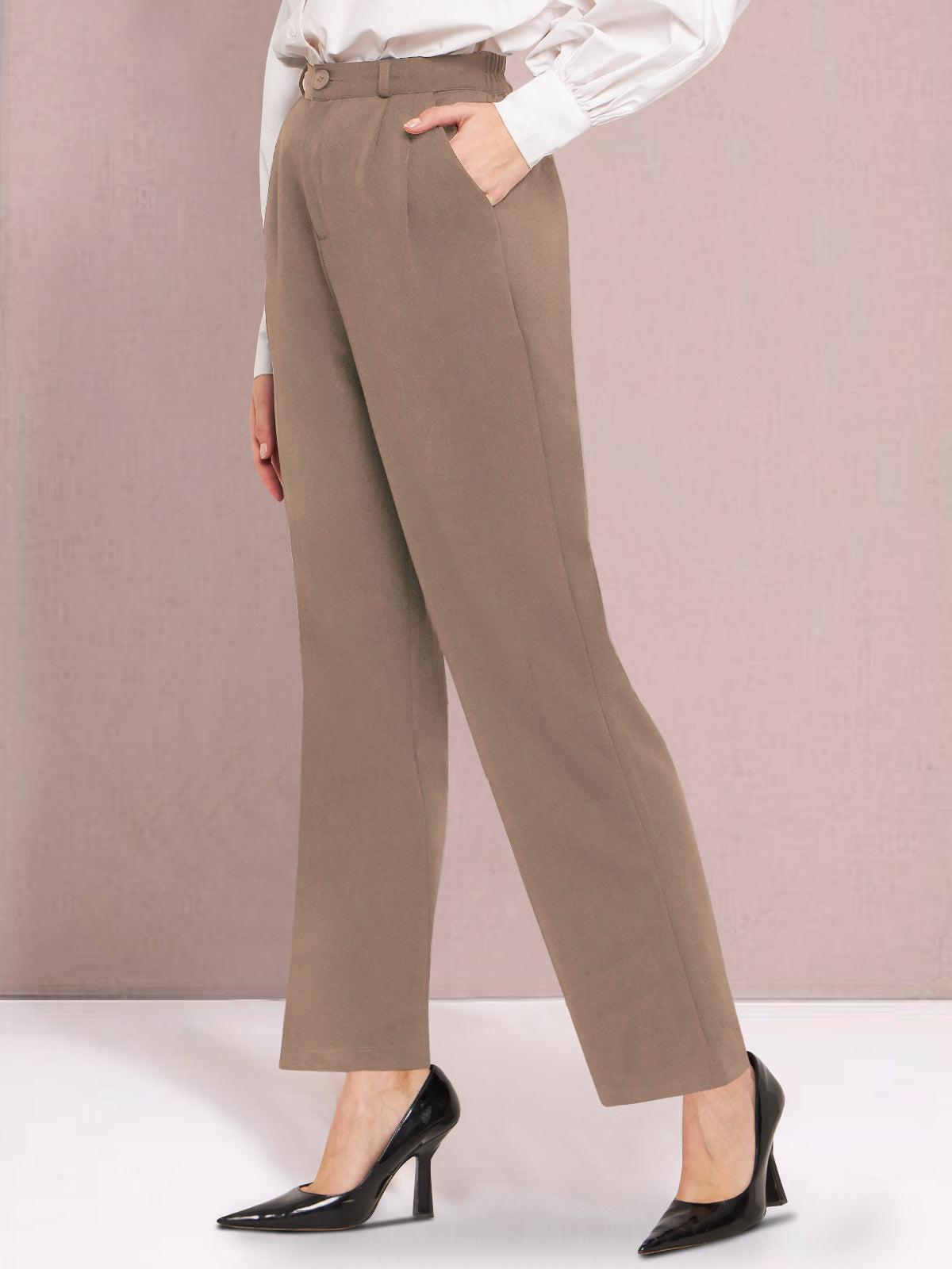 Women Beige Wide Leg Stretch Trouser