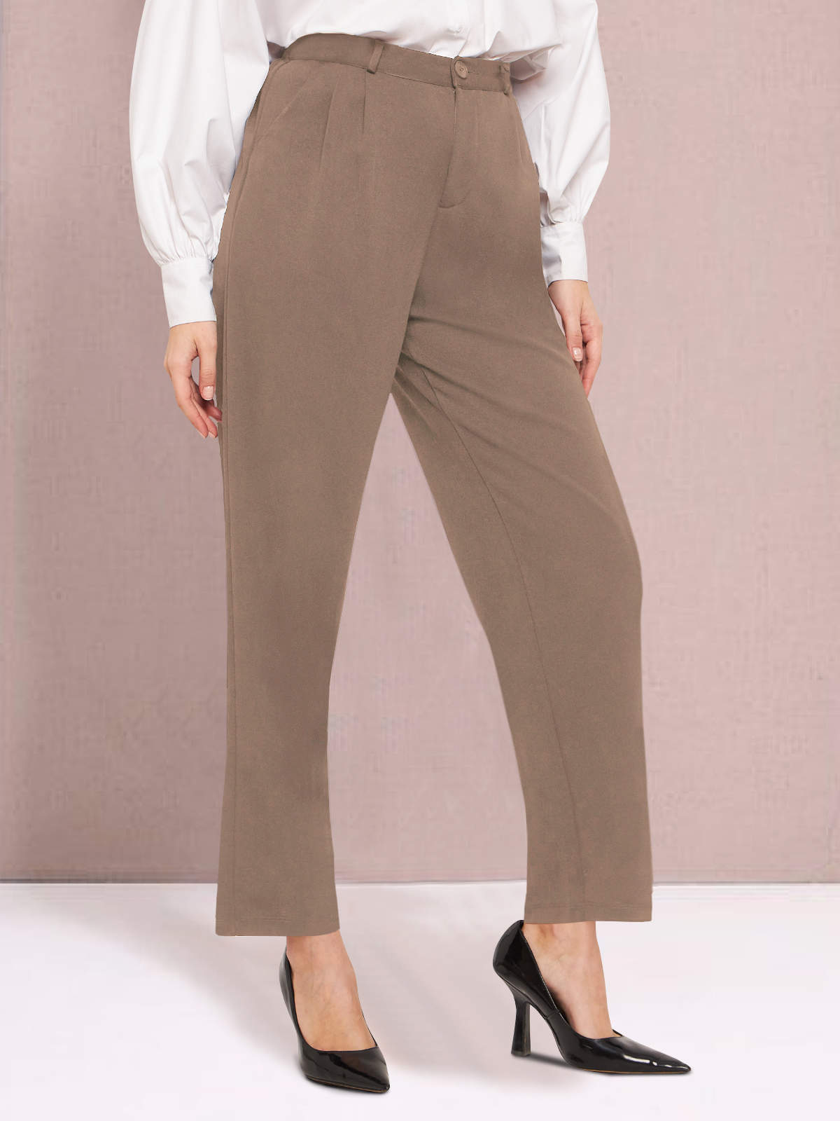 Women Beige Wide Leg Stretch Trouser