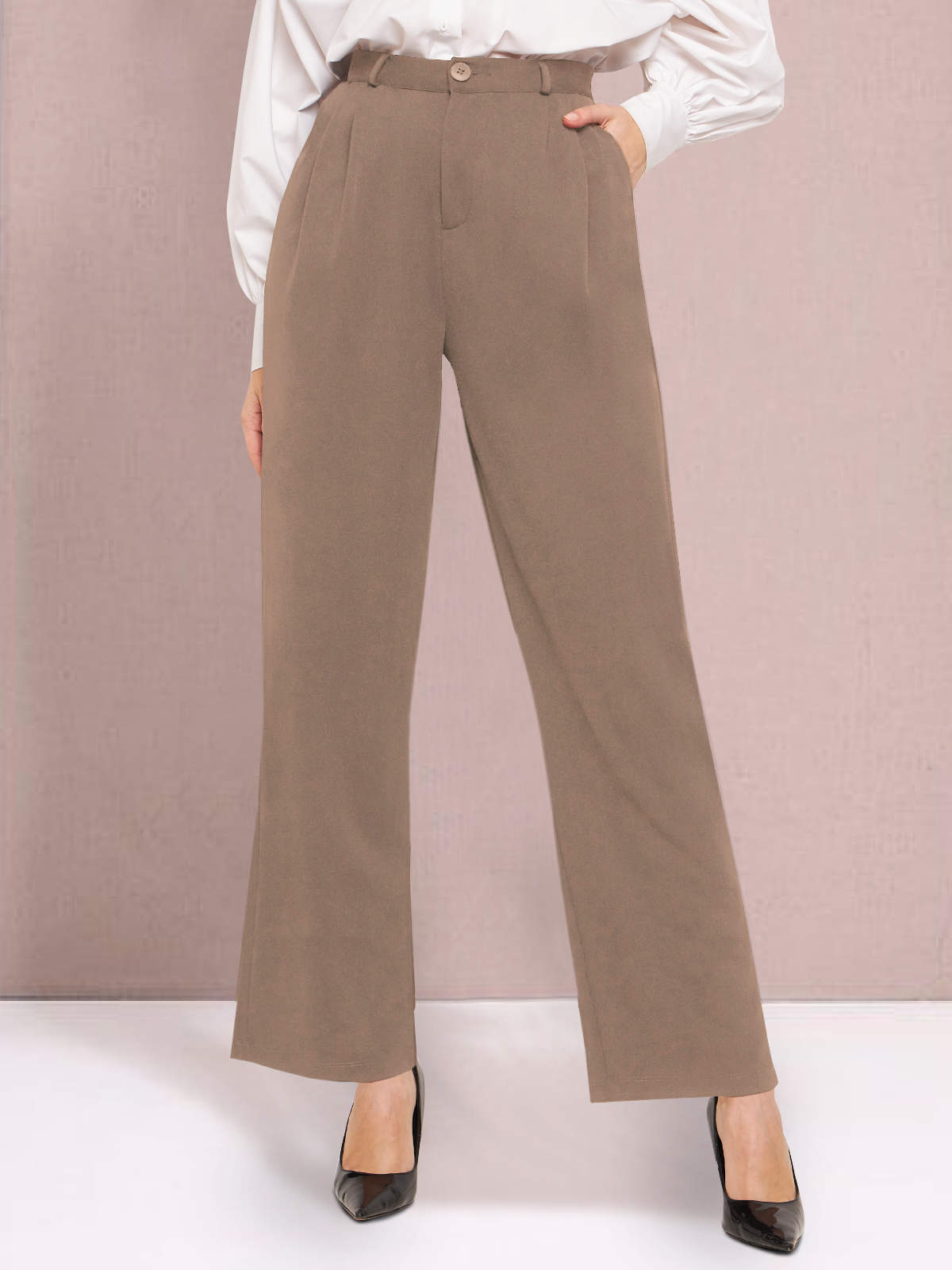 Women Beige Wide Leg Stretch Trouser