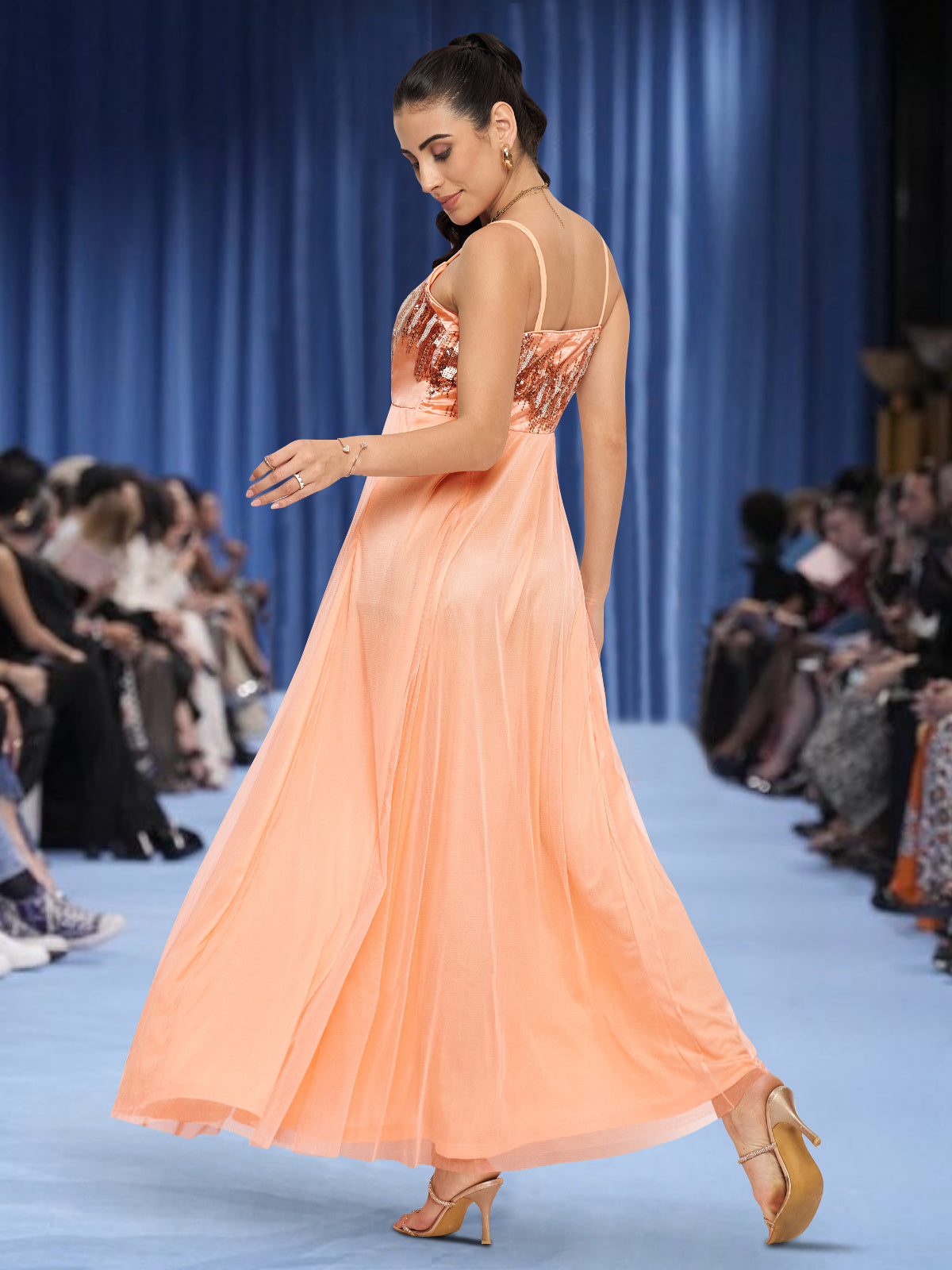 Women Peach Double Strap Sequinned Gown