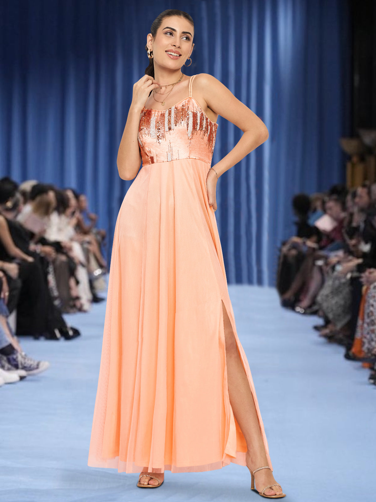 Women Peach Double Strap Sequinned Gown