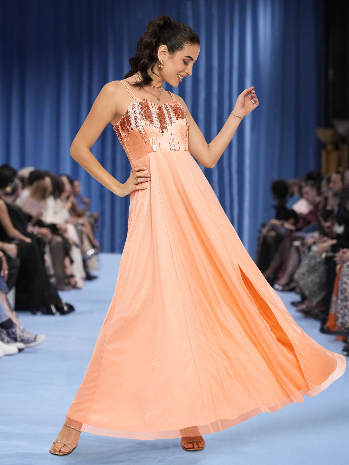 Women Peach Double Strap Sequinned Gown