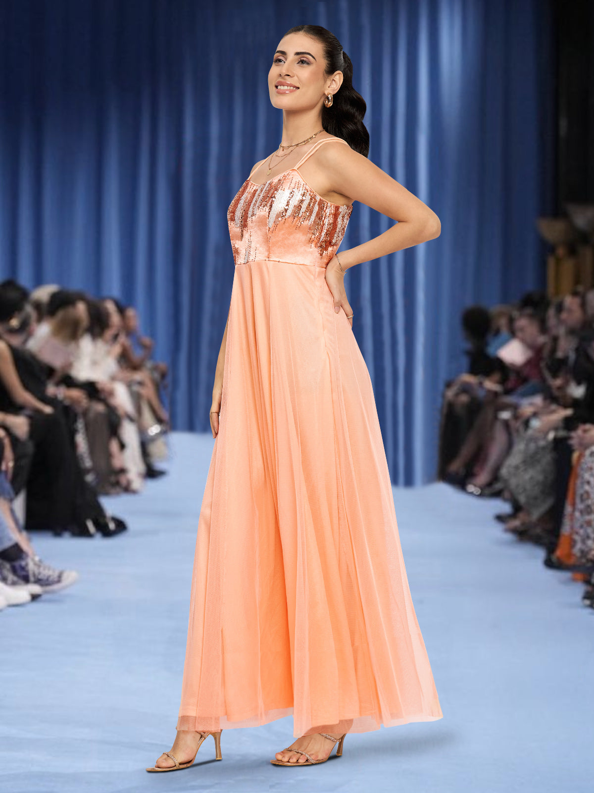 Women Peach Double Strap Sequinned Gown