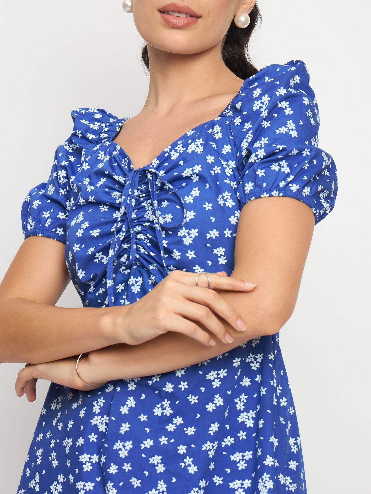 Women Blue White Printed Cotton Short Dress