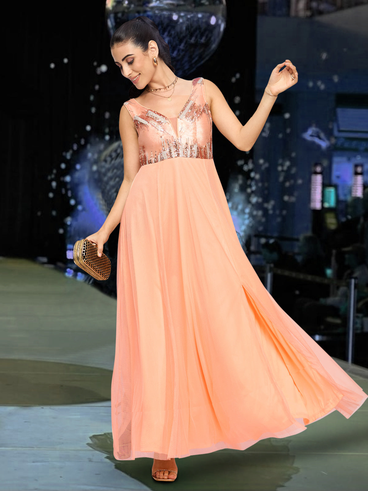 Women Peach Sequinned Net Gown