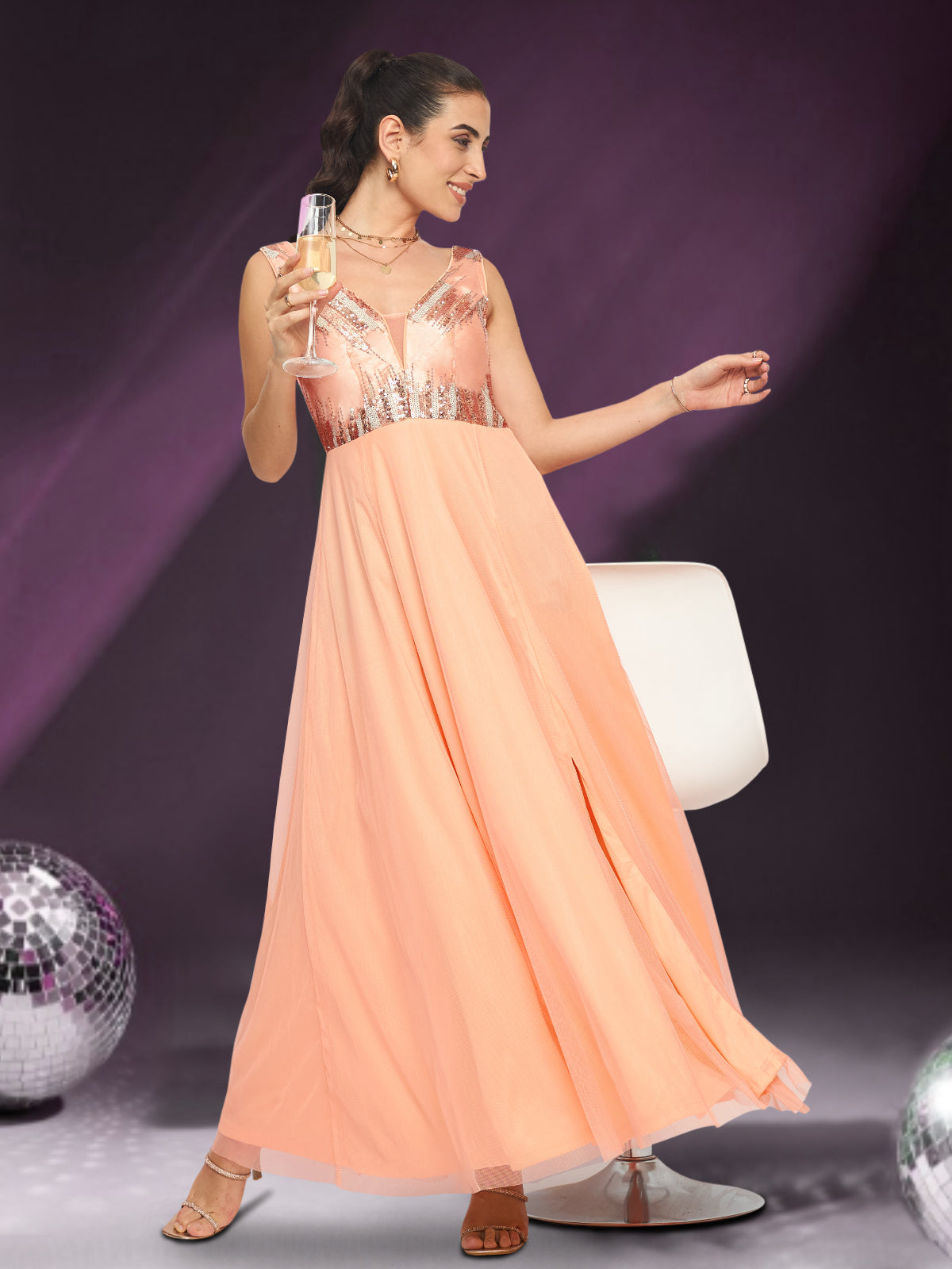 Women Peach Sequinned Net Gown