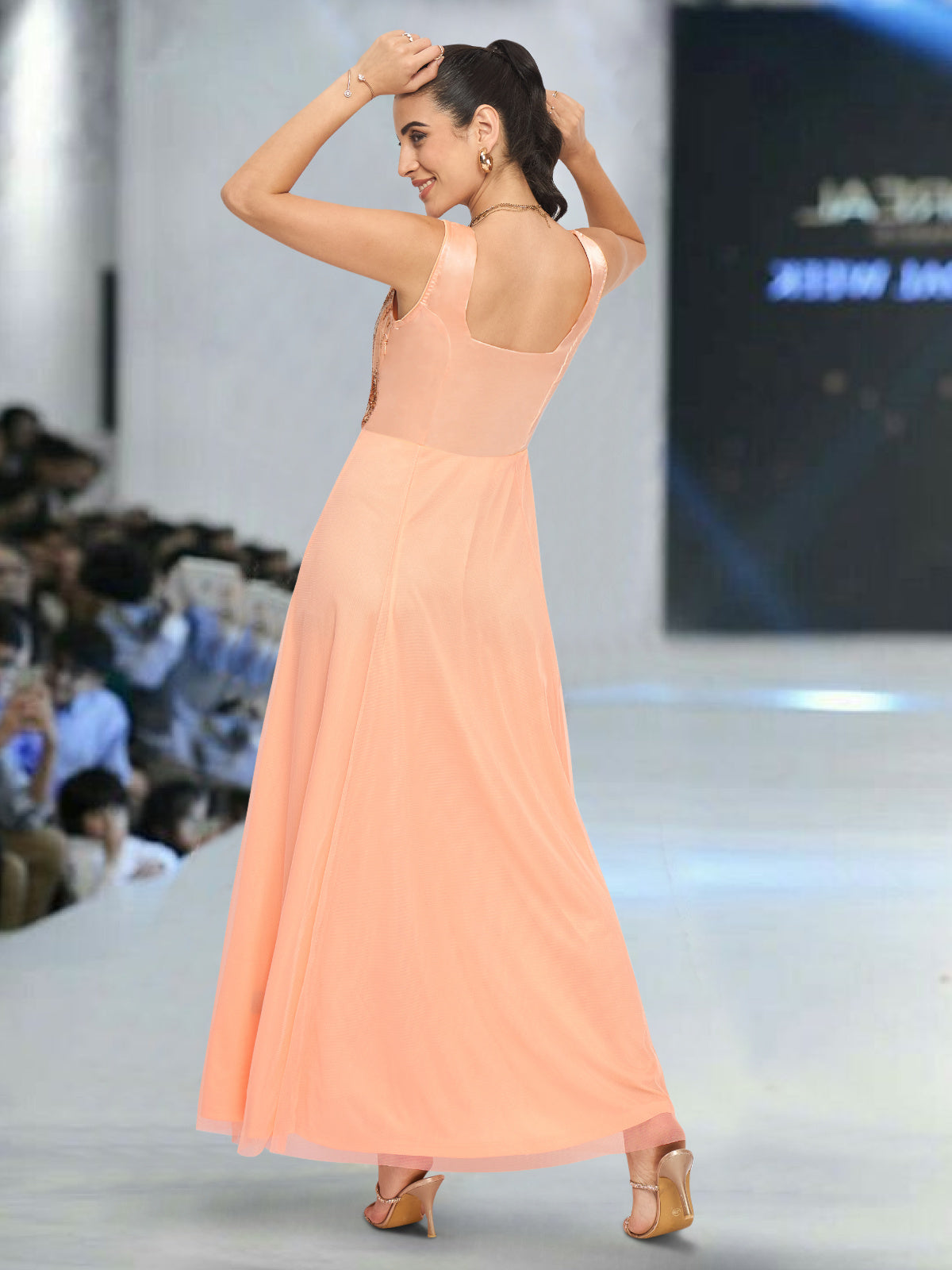 Women Peach Sequinned Net Gown