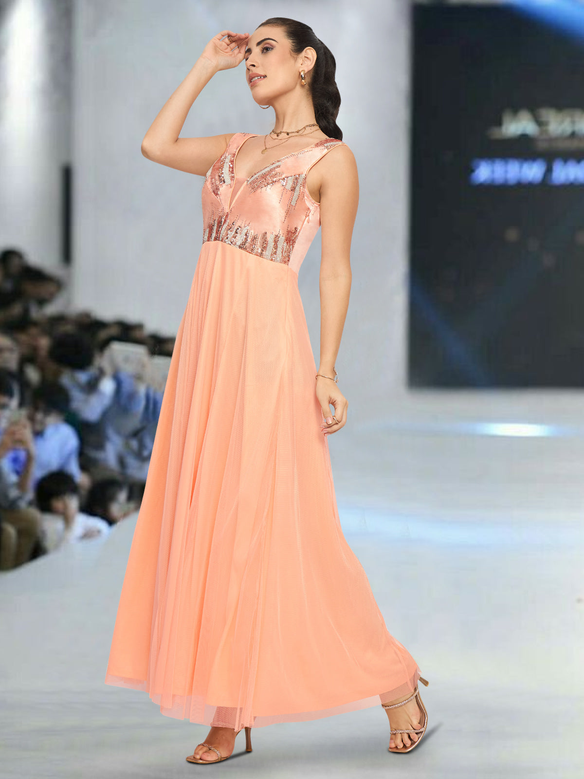 Women Peach Sequinned Net Gown