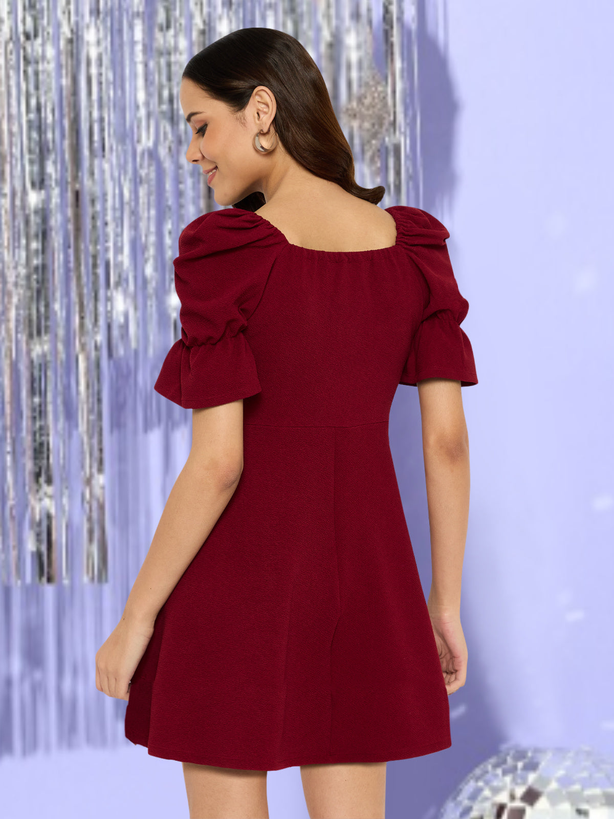 Women Maroon Drawstring Yoke Dress