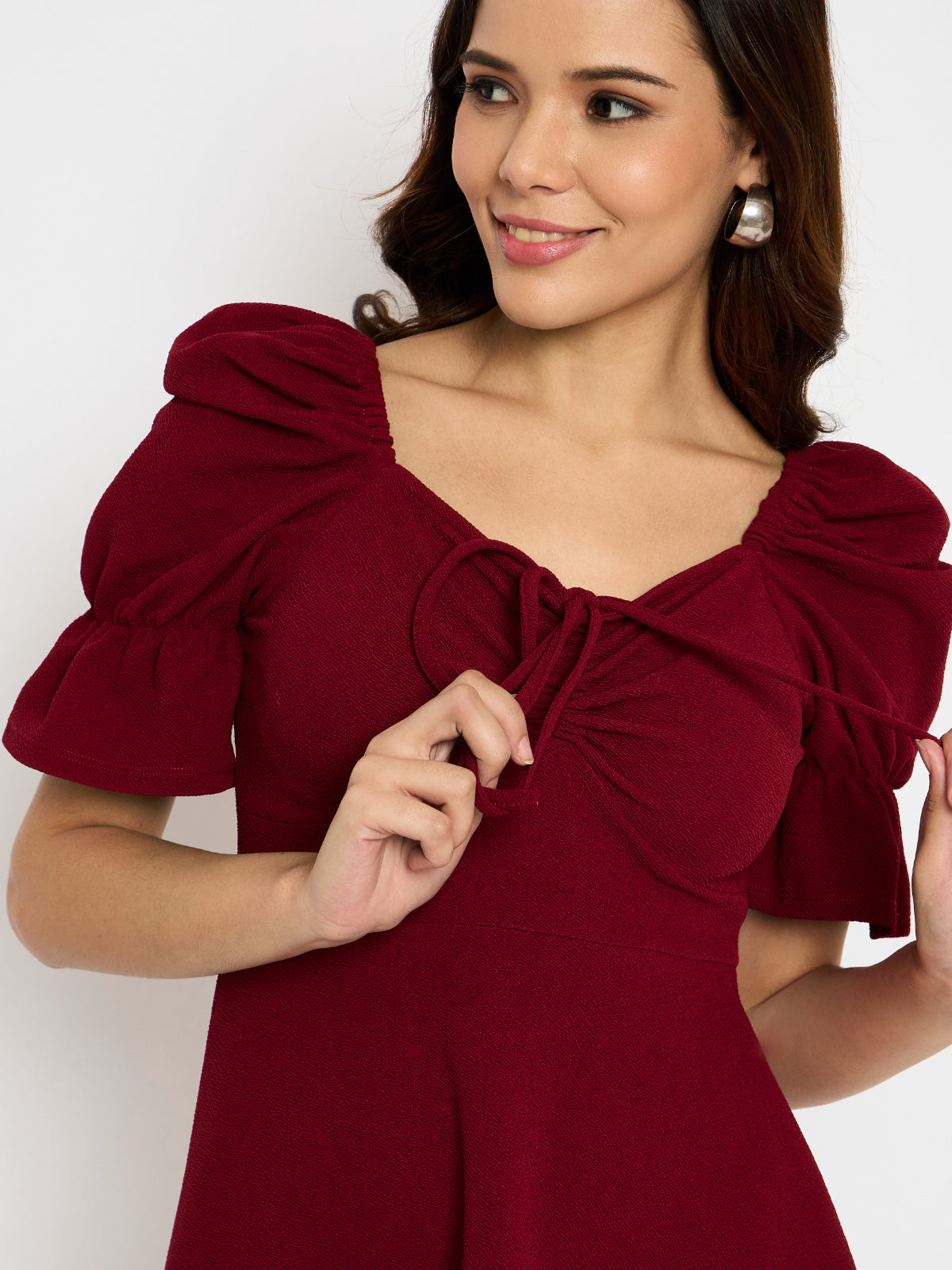 Women Maroon Drawstring Yoke Dress
