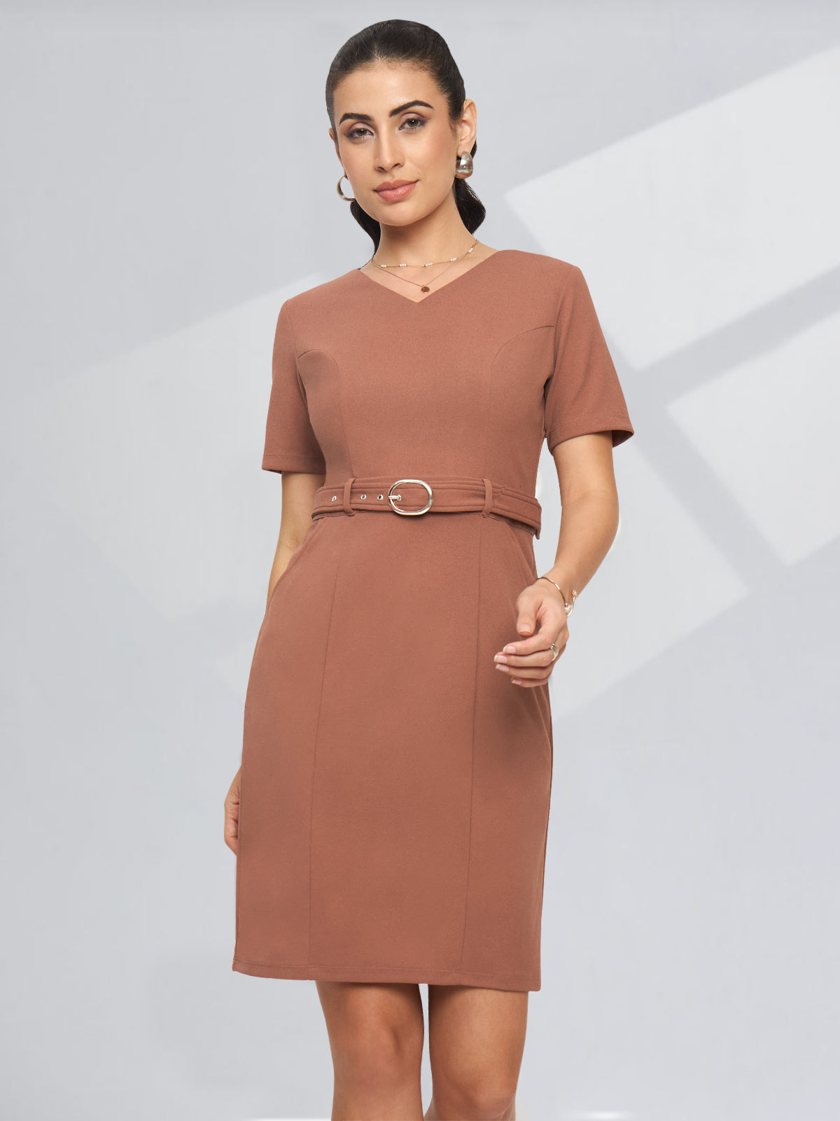Women Pink Formal Dress with Belt