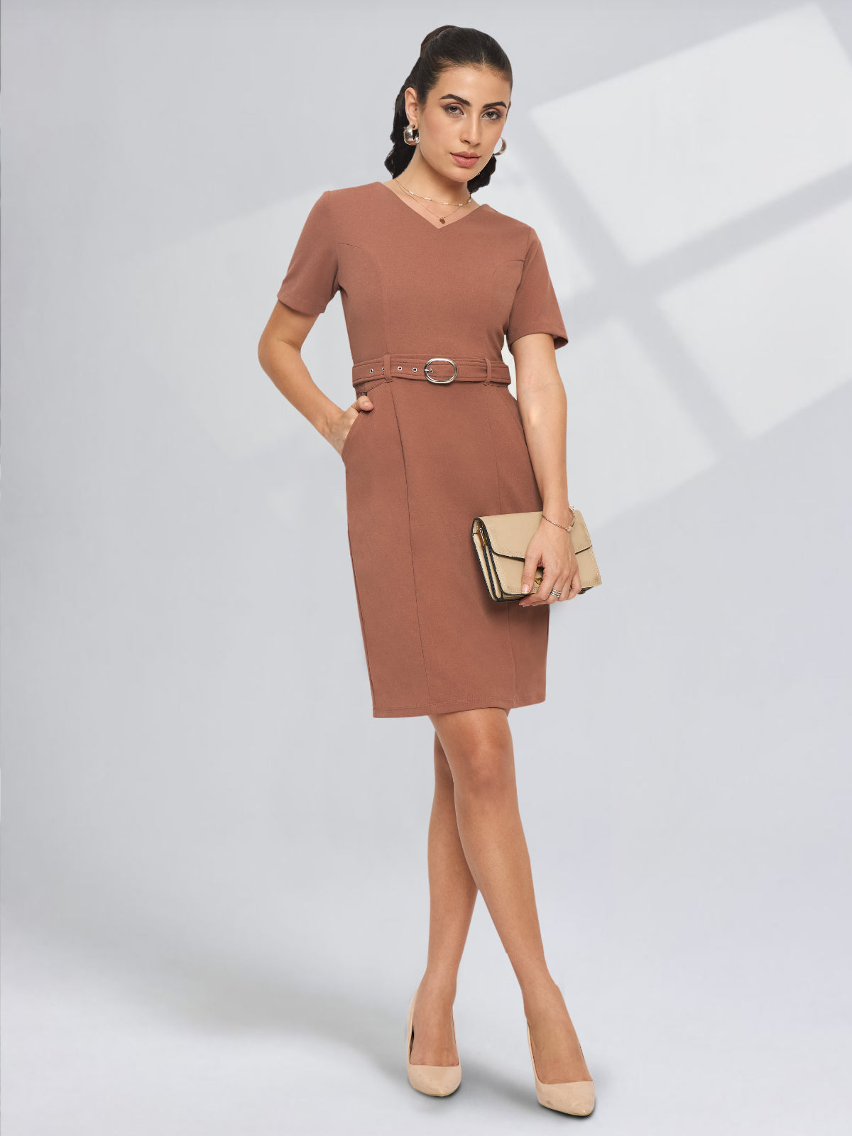 Women Pink Formal Dress with Belt