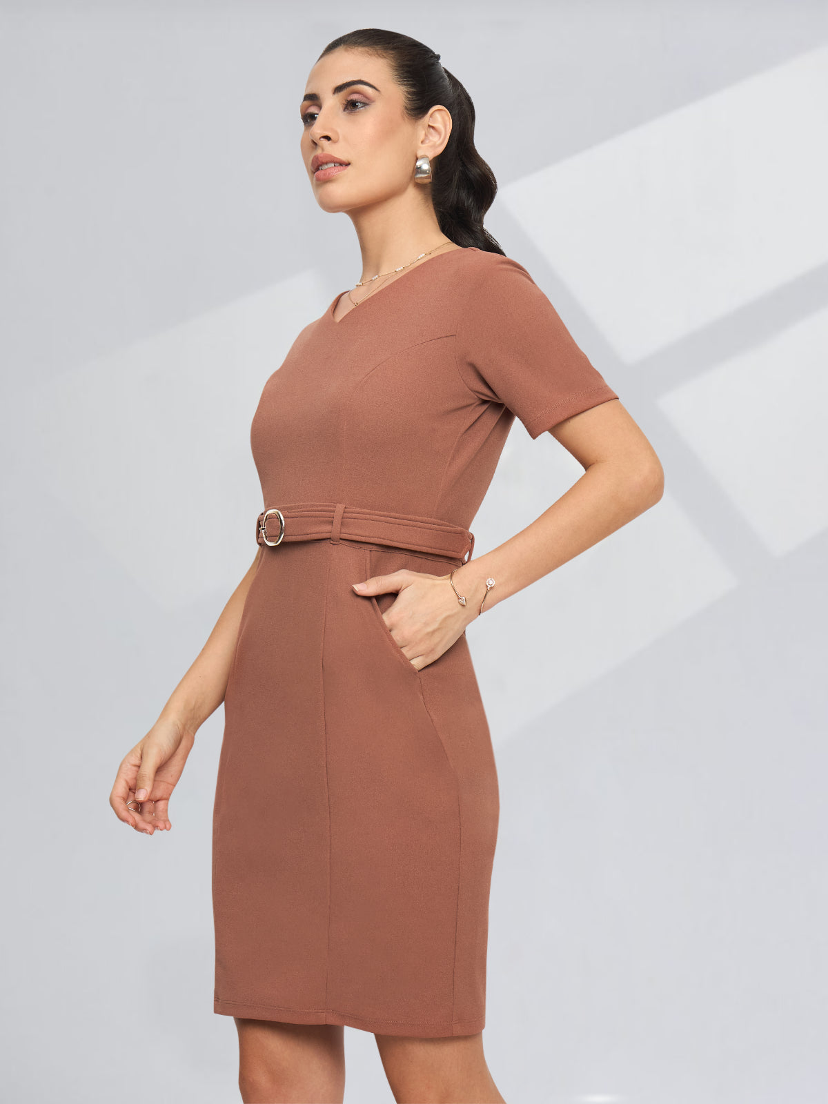 Women Pink Formal Dress with Belt
