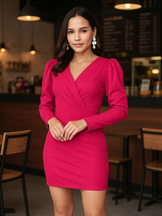 Women Fuchsia Pink Pleated Sleeve Dress