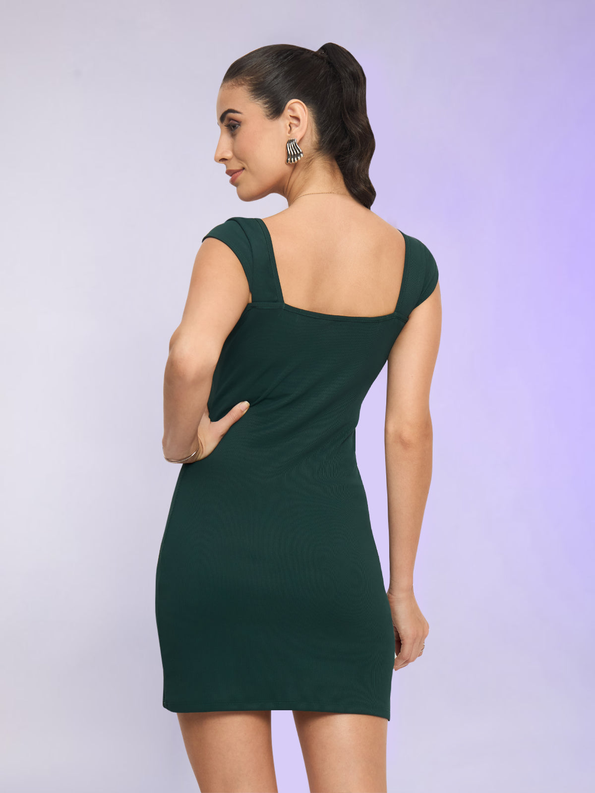 Women Dark Green Short Ribbed Dress