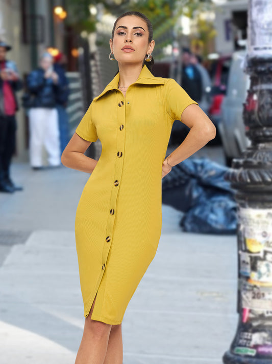 Women Yellow Spread Collar Ribbed Dress