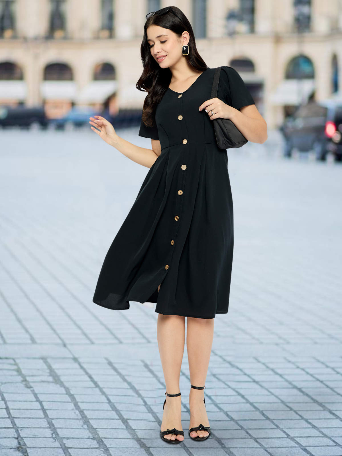 Women Black Front Button Dress