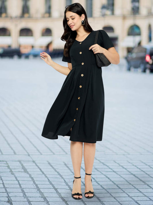 Women Black Front Button Dress