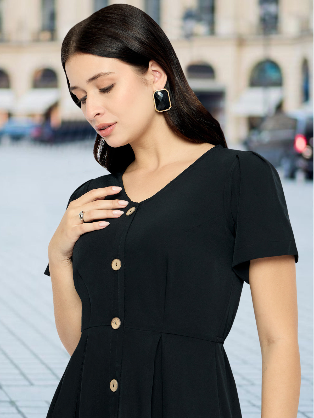 Women Black Front Button Dress