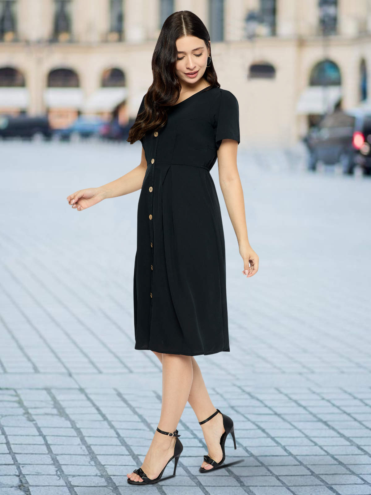 Women Black Front Button Dress