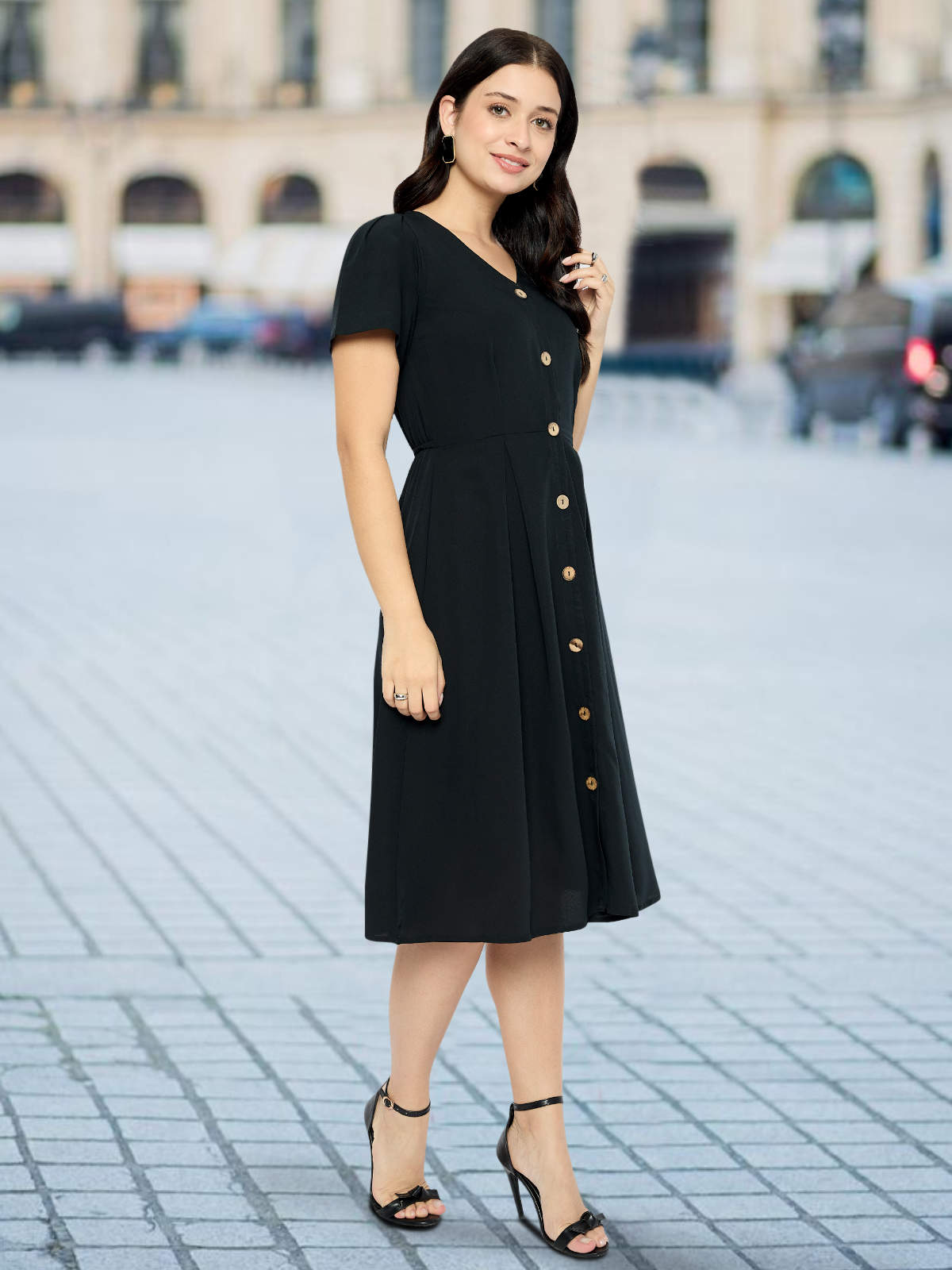 Women Black Front Button Dress