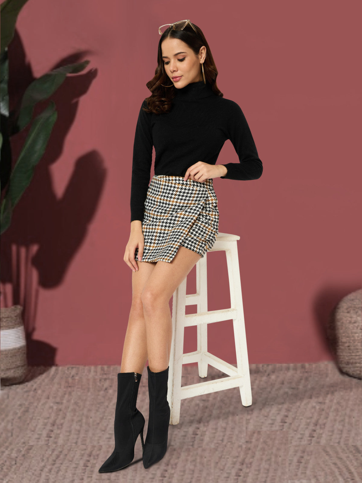 Women White Brown Pure Wool Mini Skort