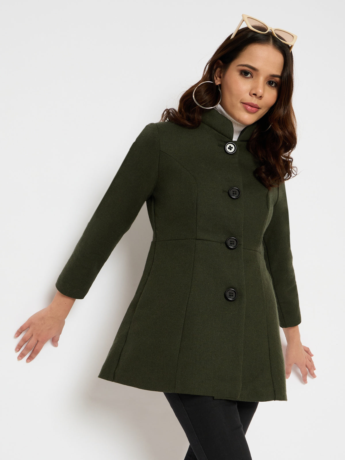 Women Green Puffed Collar Woolen Coat