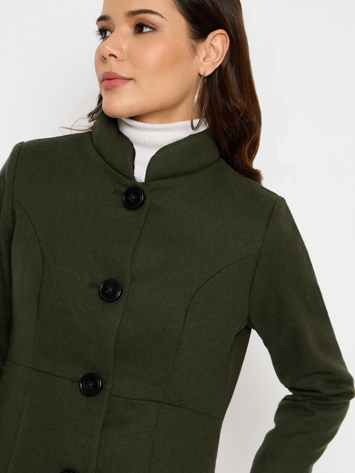 Women Green Puffed Collar Woolen Coat