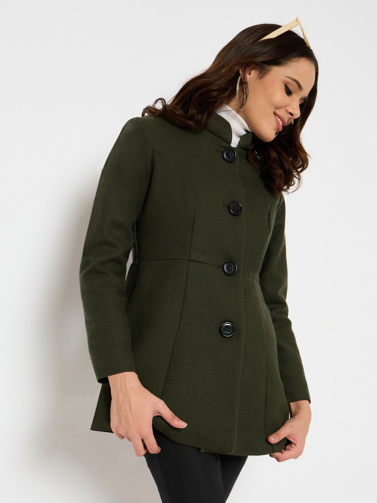 Women Green Puffed Collar Woolen Coat