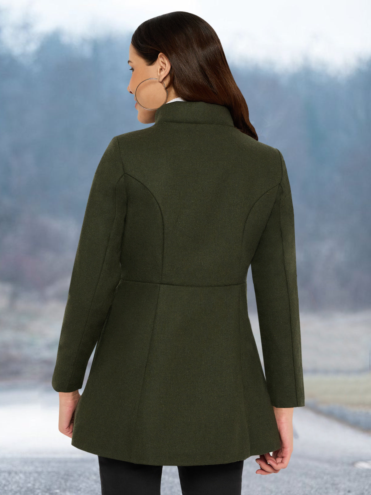 Women Green Puffed Collar Woolen Coat