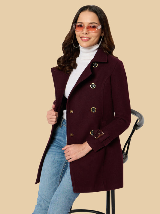 Women Maroon Double Breast Woolen Coat