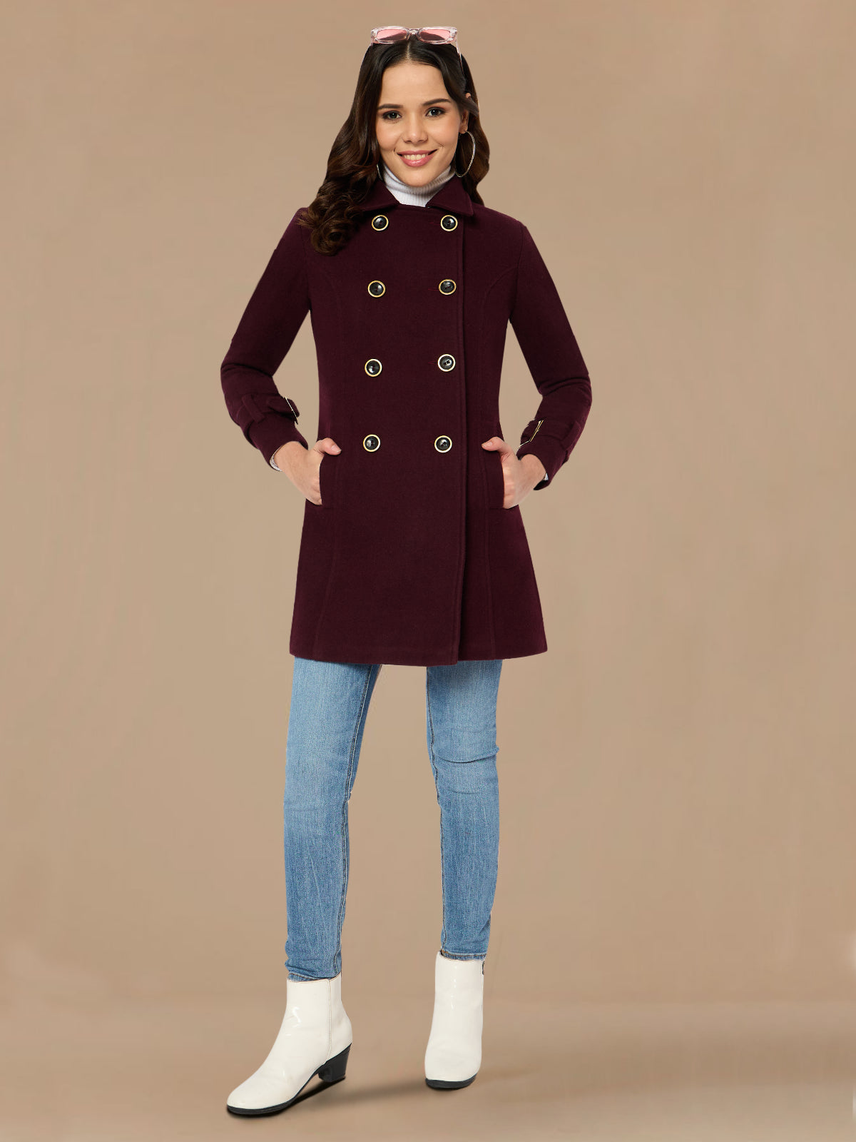 Women Maroon Double Breast Woolen Coat