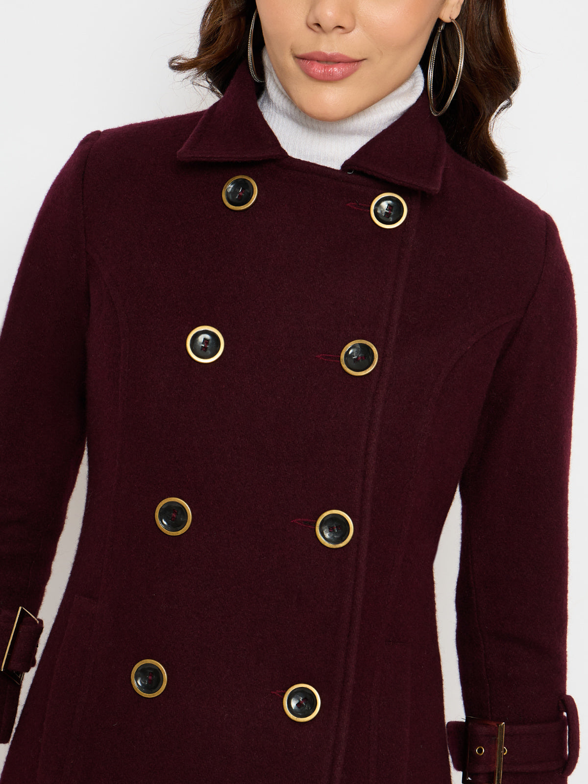Women Maroon Double Breast Woolen Coat