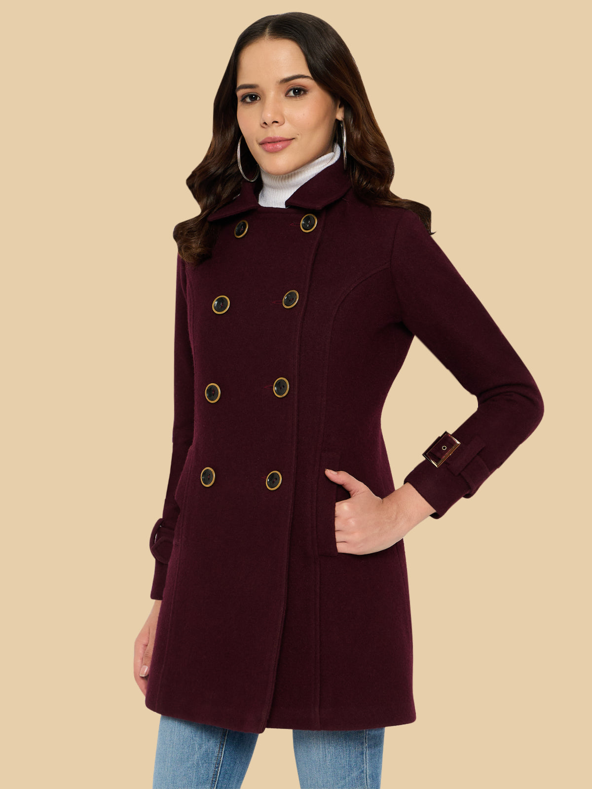 Women Maroon Double Breast Woolen Coat