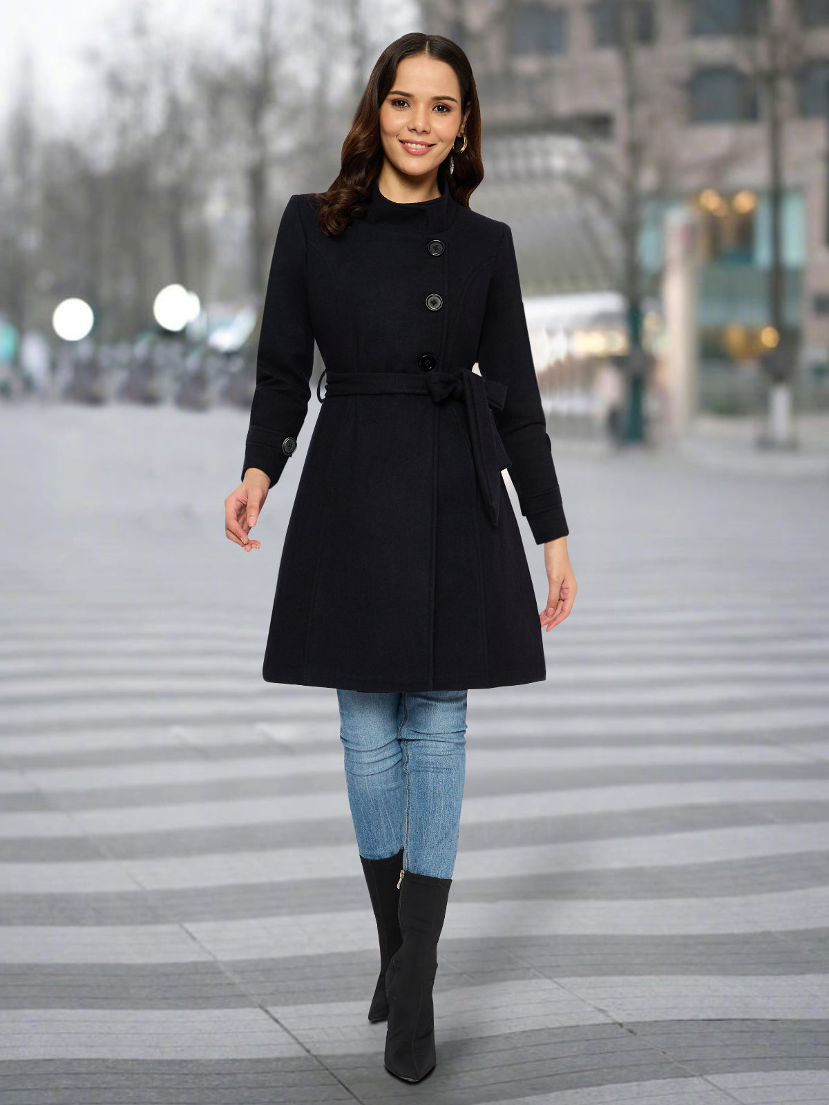 Women Navy Blue Three Button Woolen Coat