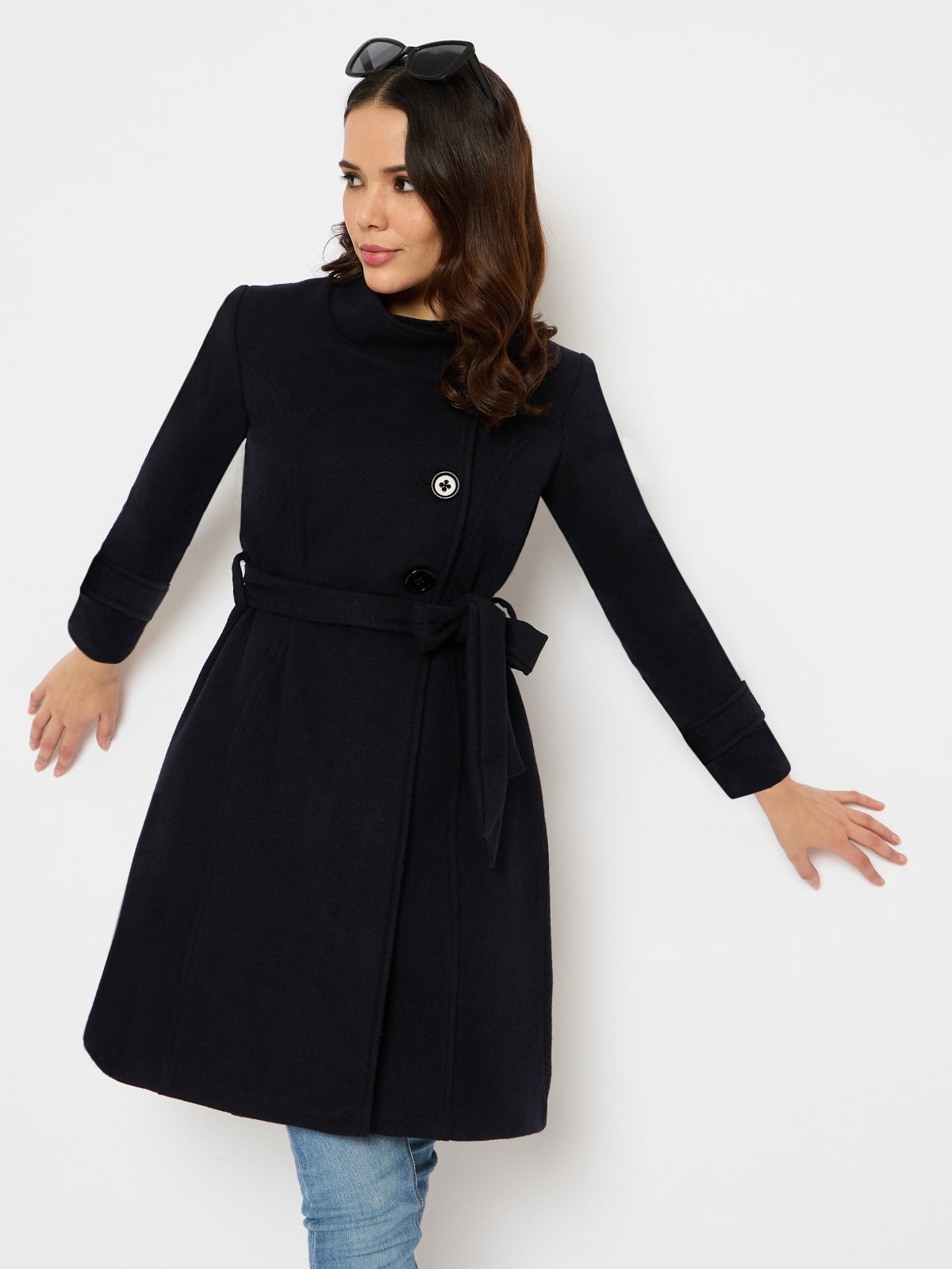 Women Navy Blue Three Button Woolen Coat