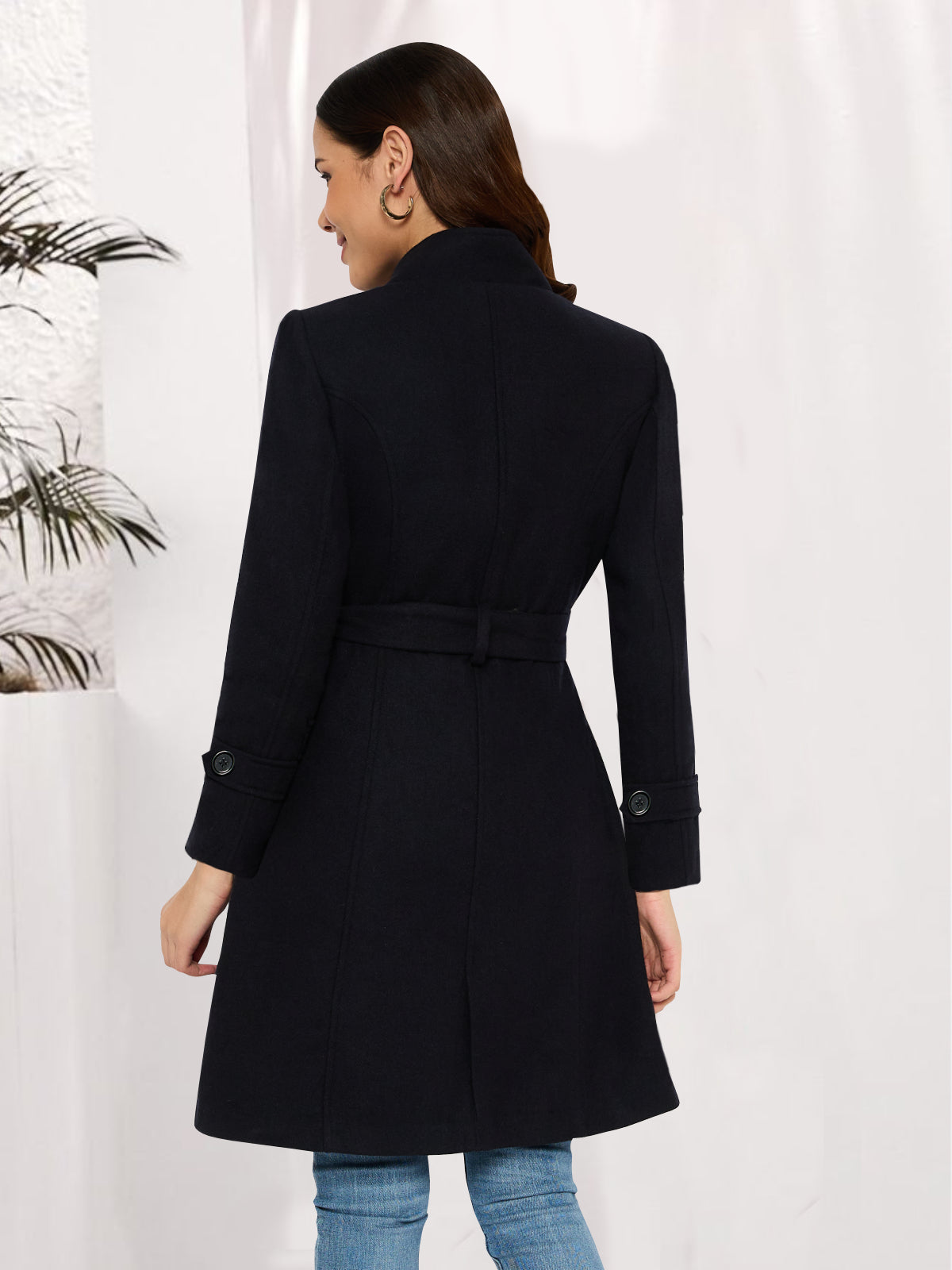 Women Navy Blue Three Button Woolen Coat