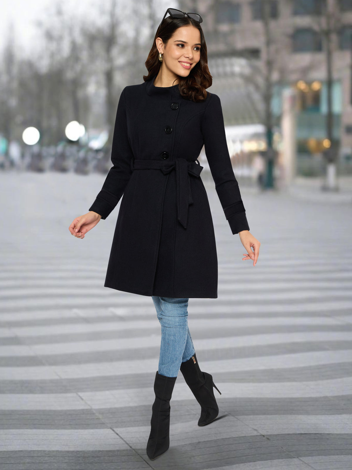 Women Navy Blue Three Button Woolen Coat