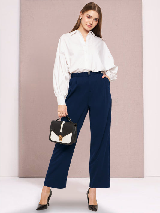 Women Blue Straight Fit Stretch Trouser