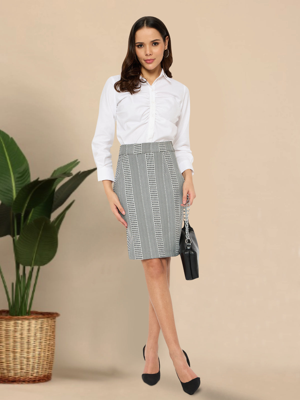 Women Black White Printed Formal Skirt