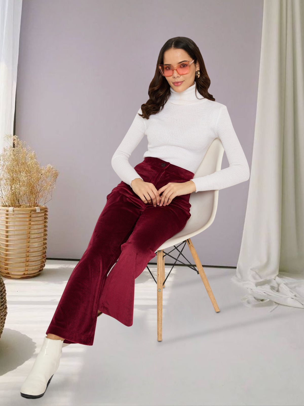 Women Maroon Velvet Corduroy Trouser