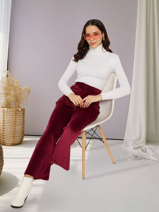 Women Maroon Velvet Corduroy Trouser